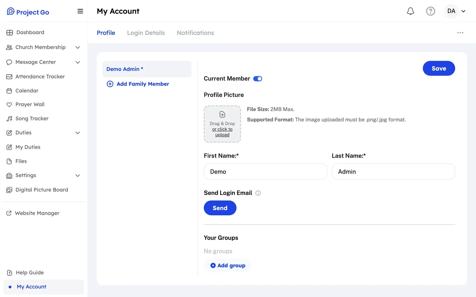 My Account on the Profile tab, with the Profile Picture box, the name fields, Send Login Email, and Your Groups.