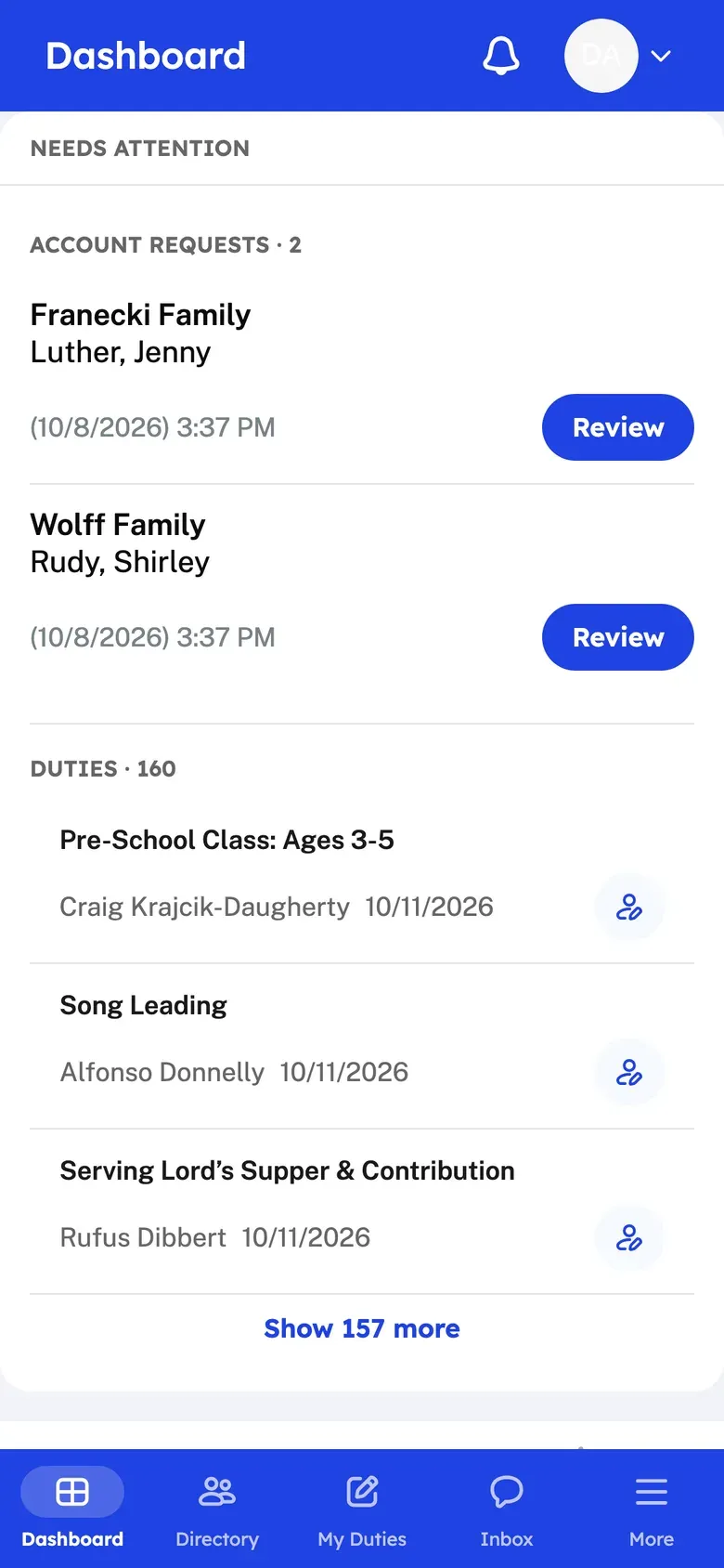 The Dashboard on a phone, with the tab bar at the bottom: Dashboard, Directory, My Duties, Inbox, More.