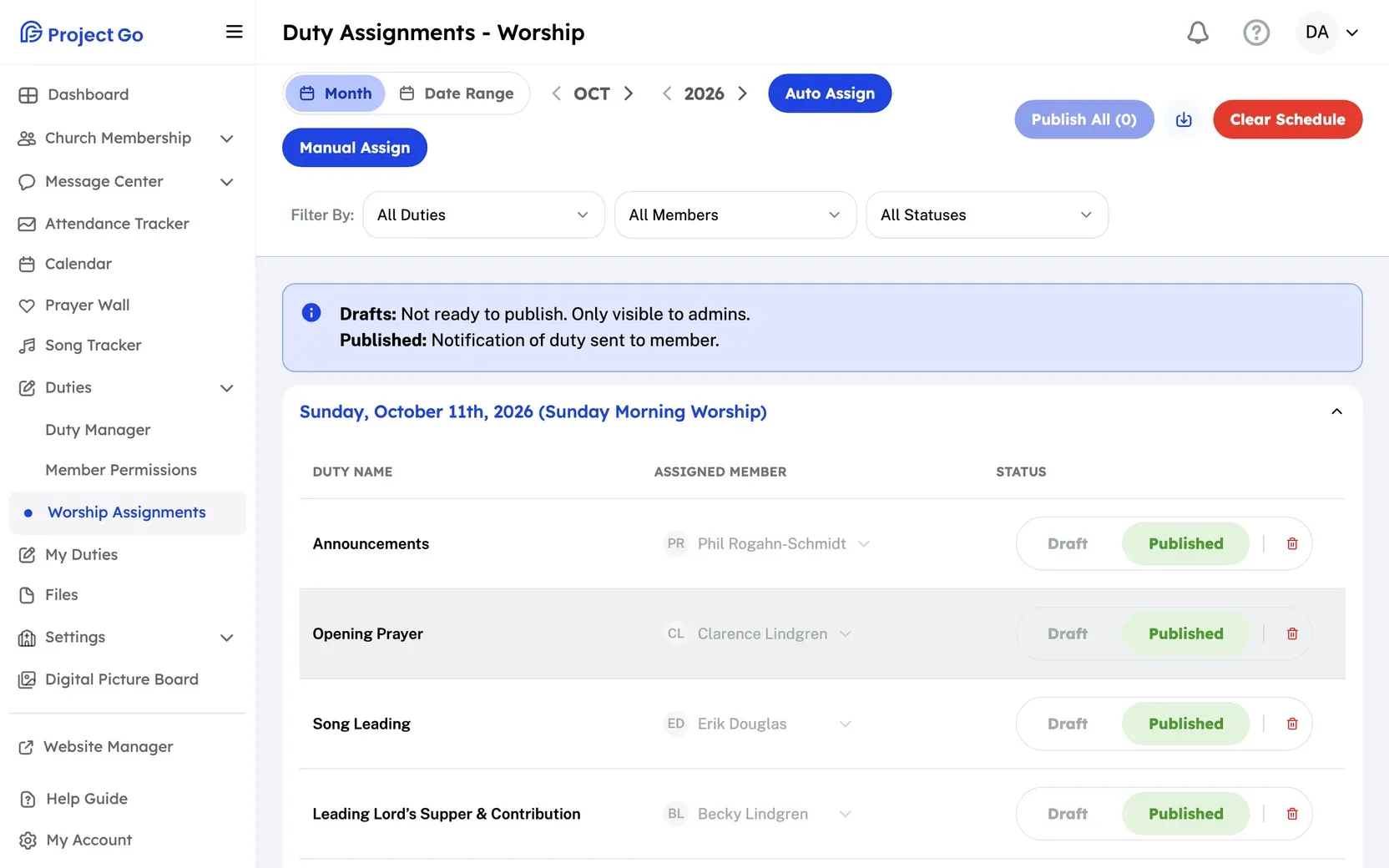 Worship Assignments for one Sunday, with the duty, the assigned member, and the Draft or Published status on each row.